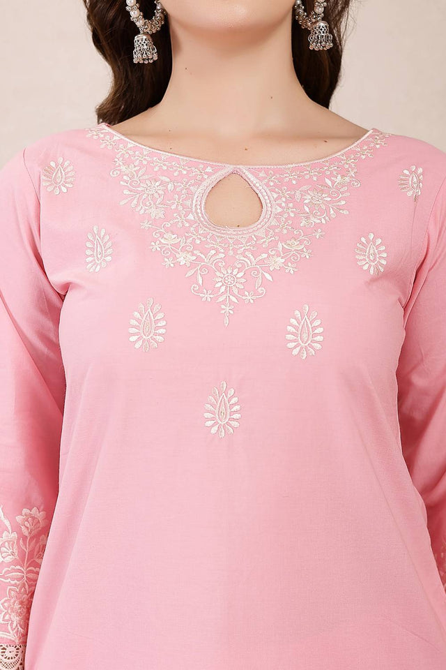 Pink Embroidered Cotton Straight Cut Suit Set