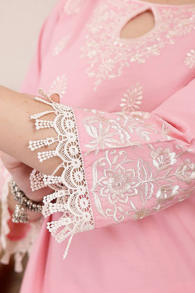Pink Embroidered Cotton Straight Cut Suit Set