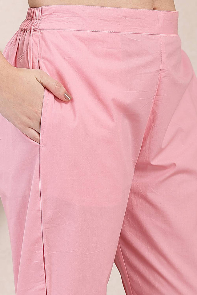 Pink Embroidered Cotton Straight Cut Suit Set