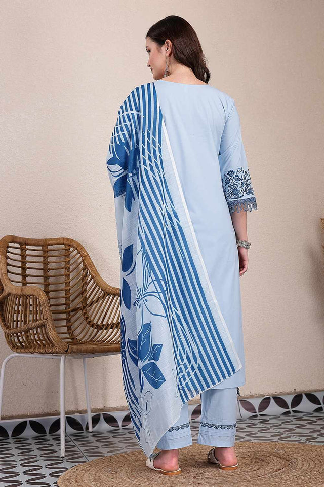 Blue Solid Cotton Kurti Pant Set