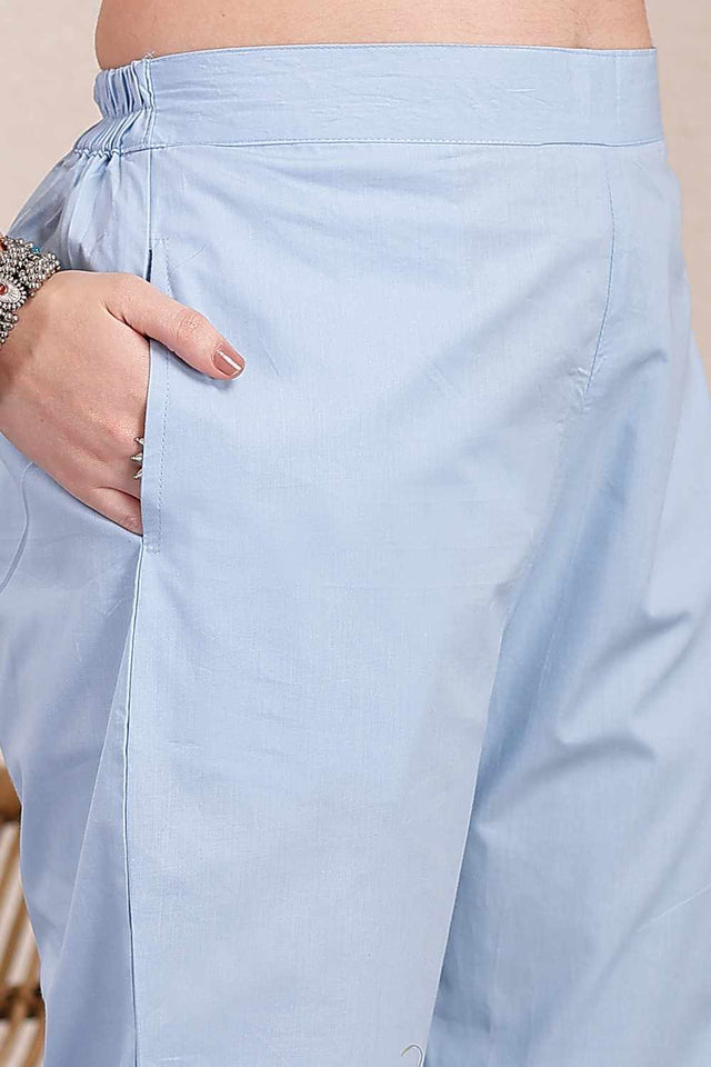 Blue Solid Cotton Kurti Pant Set