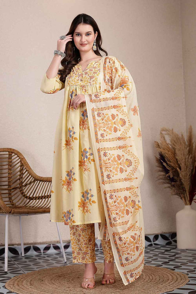Yellow Floral Printed Cotton Kurti Pant Set