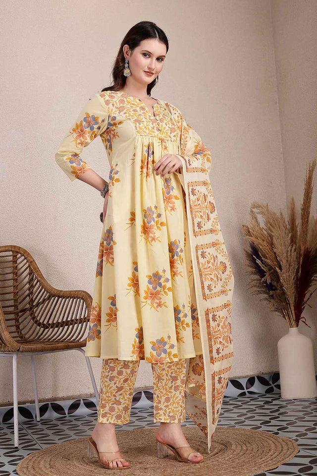 Yellow Floral Printed Cotton Kurti Pant Set