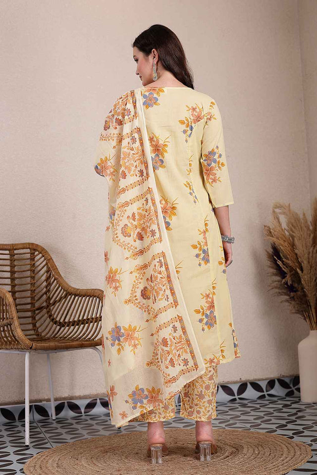 Yellow Floral Printed Cotton Kurti Pant Set