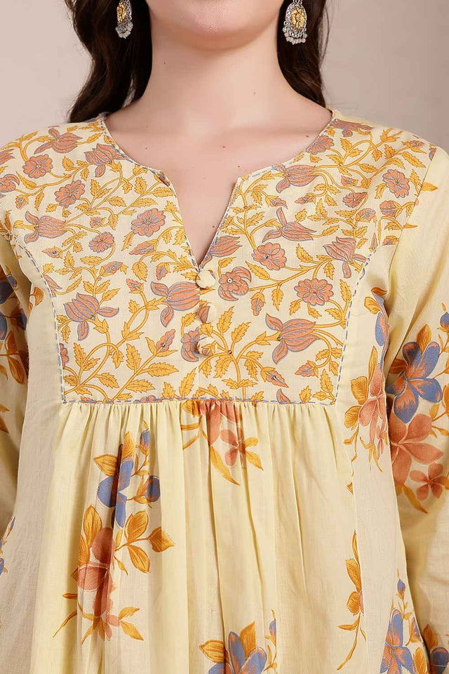 Yellow Floral Printed Cotton Kurti Pant Set