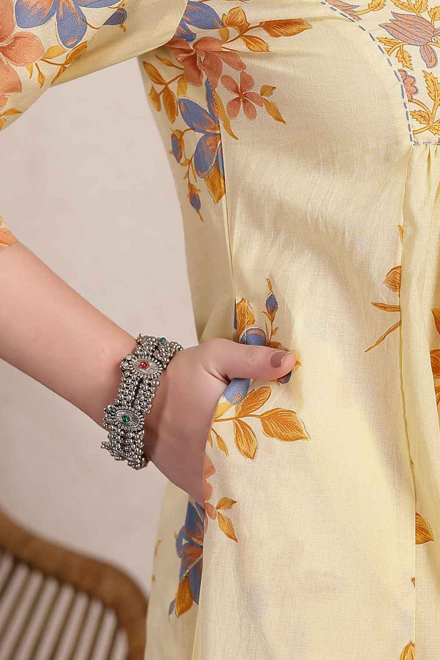 Yellow Floral Printed Cotton Kurti Pant Set