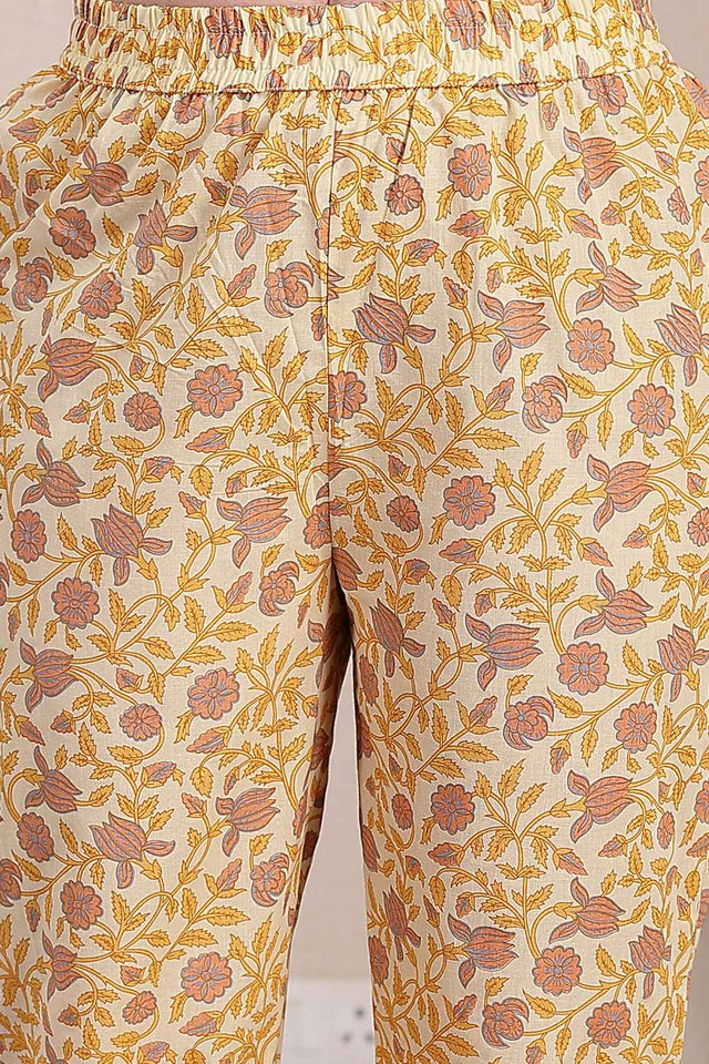 Yellow Floral Printed Cotton Kurti Pant Set