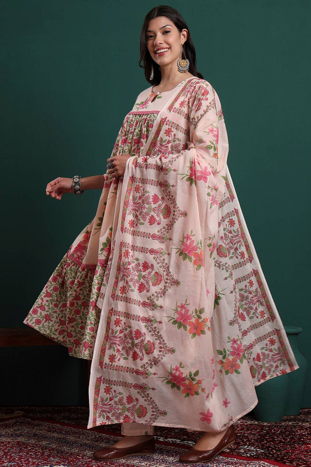 Pink Floral Printed Cotton Straight Cut Suit Set