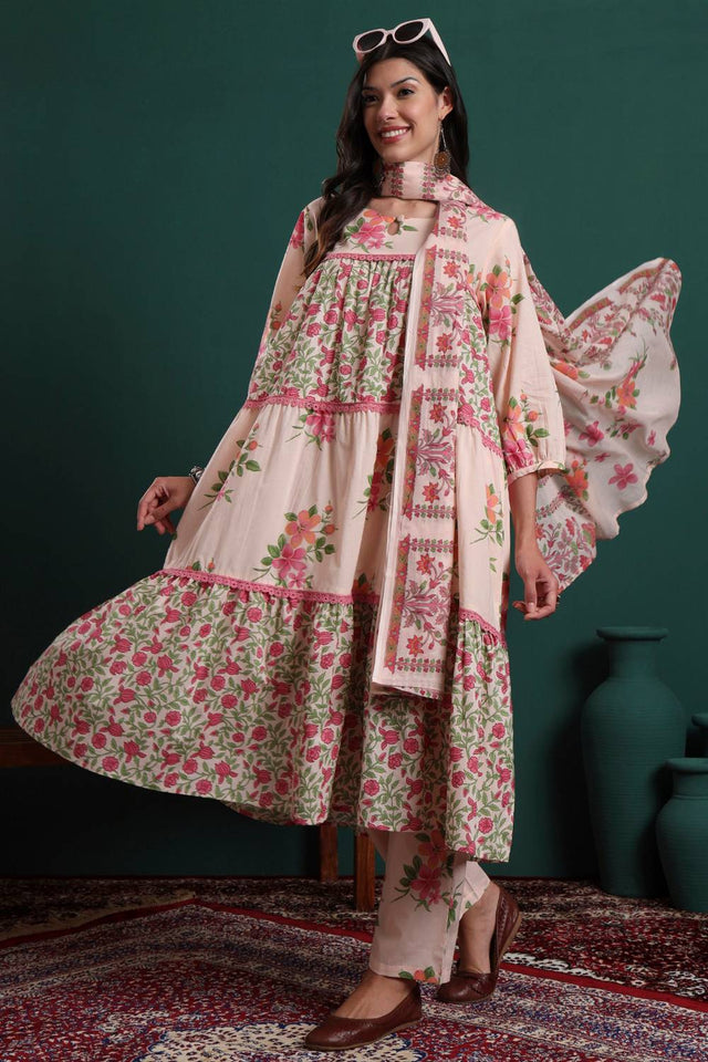 Pink Floral Printed Cotton Straight Cut Suit Set