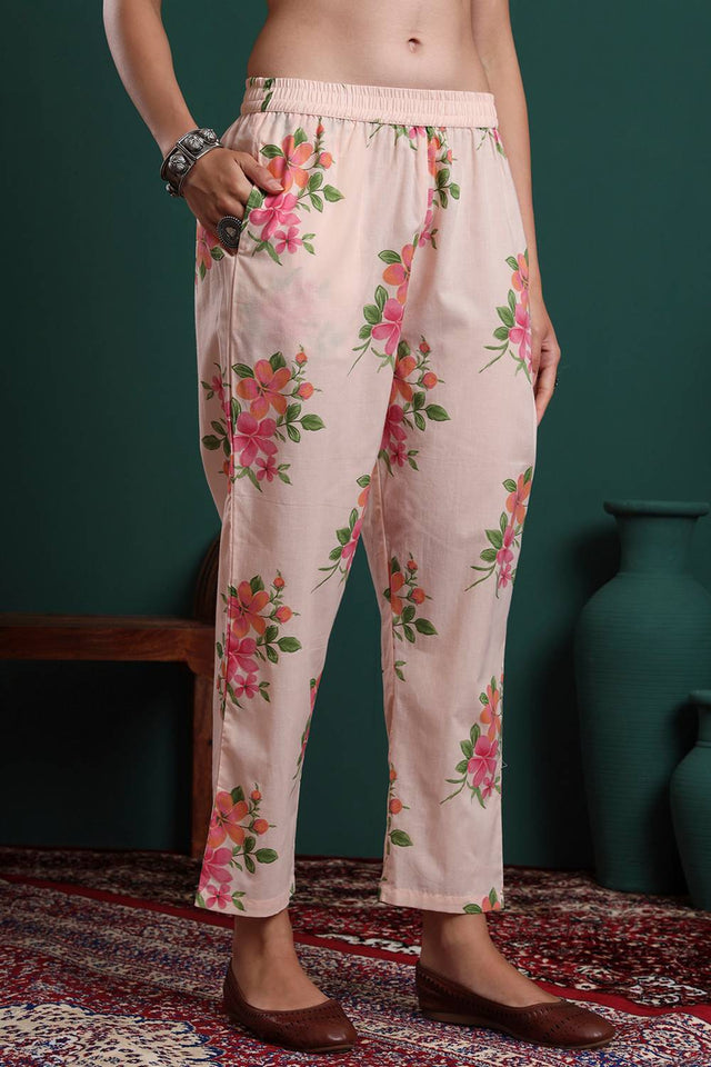 Pink Floral Printed Cotton Straight Cut Suit Set