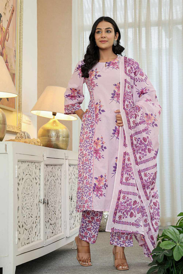 Lavender Floral Print Cotton Kurti Pant Set