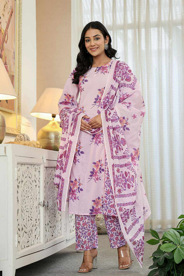 Lavender Floral Print Cotton Kurti Pant Set