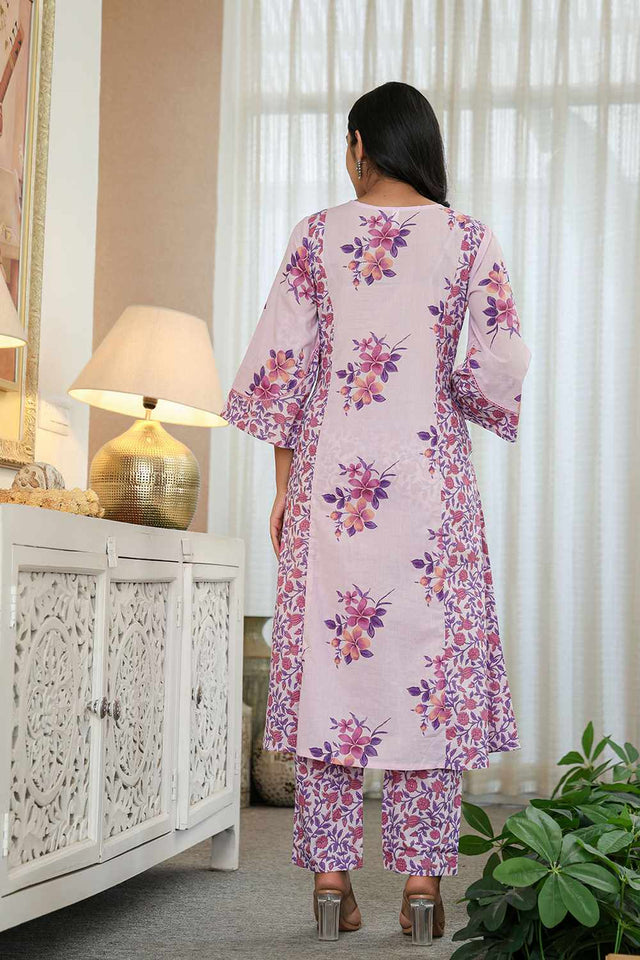 Lavender Floral Print Cotton Kurti Pant Set