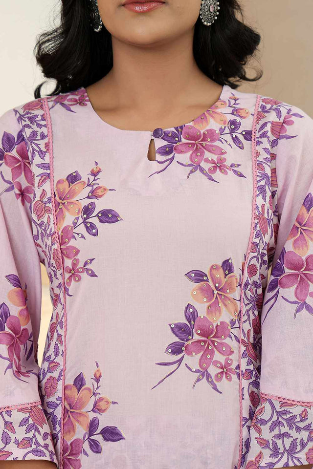 Lavender Floral Print Cotton Kurti Pant Set