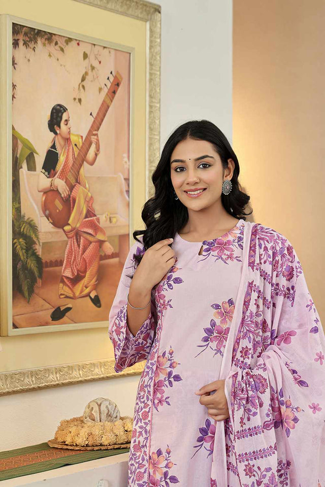 Lavender Floral Print Cotton Kurti Pant Set