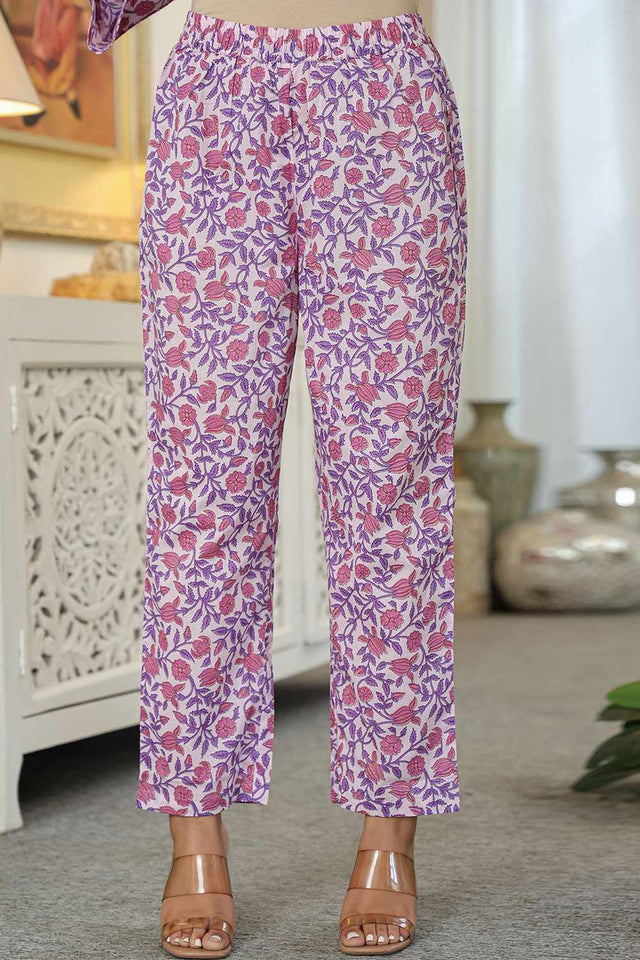 Lavender Floral Print Cotton Kurti Pant Set