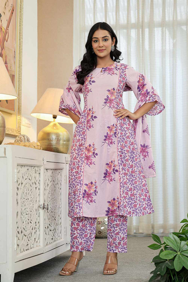 Lavender Floral Print Cotton Kurti Pant Set