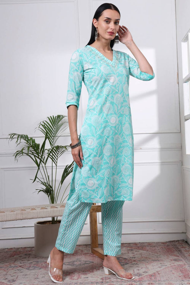 Sea Green Floral Printed Cotton Straight Cut Suit Set