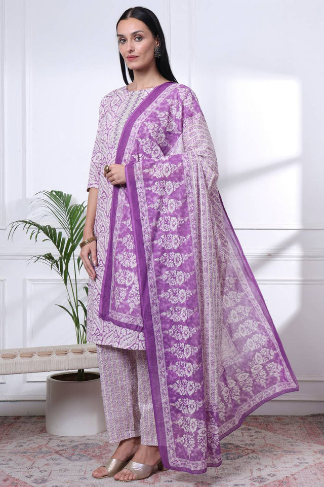 Violet Floral Printed Cotton Straight Cut Suit Set