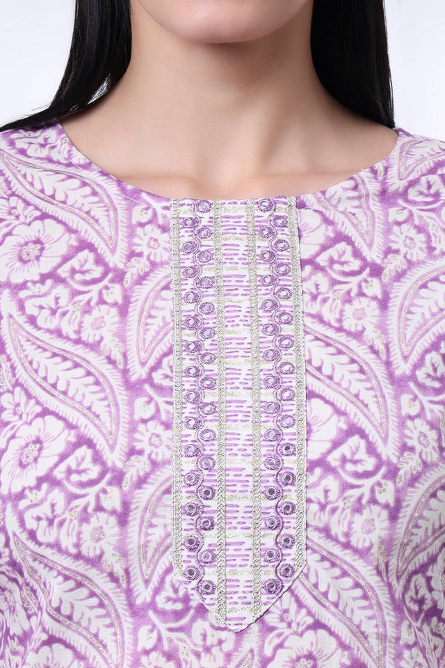 Violet Floral Printed Cotton Straight Cut Suit Set