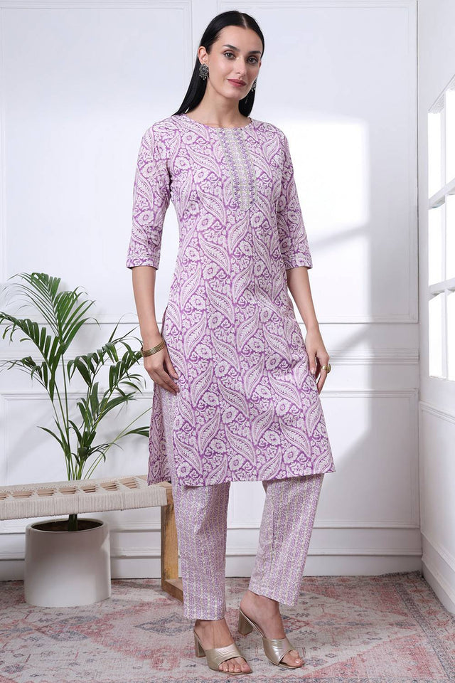 Violet Floral Printed Cotton Straight Cut Suit Set