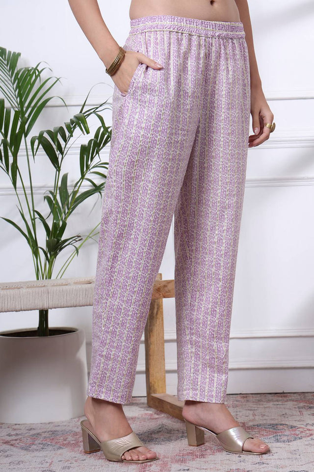 Violet Floral Printed Cotton Straight Cut Suit Set
