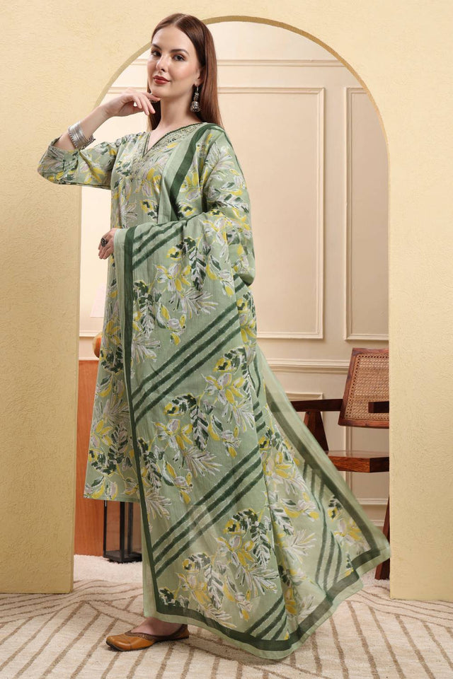 Green Floral Printed Cotton Straight Cut Suit Set