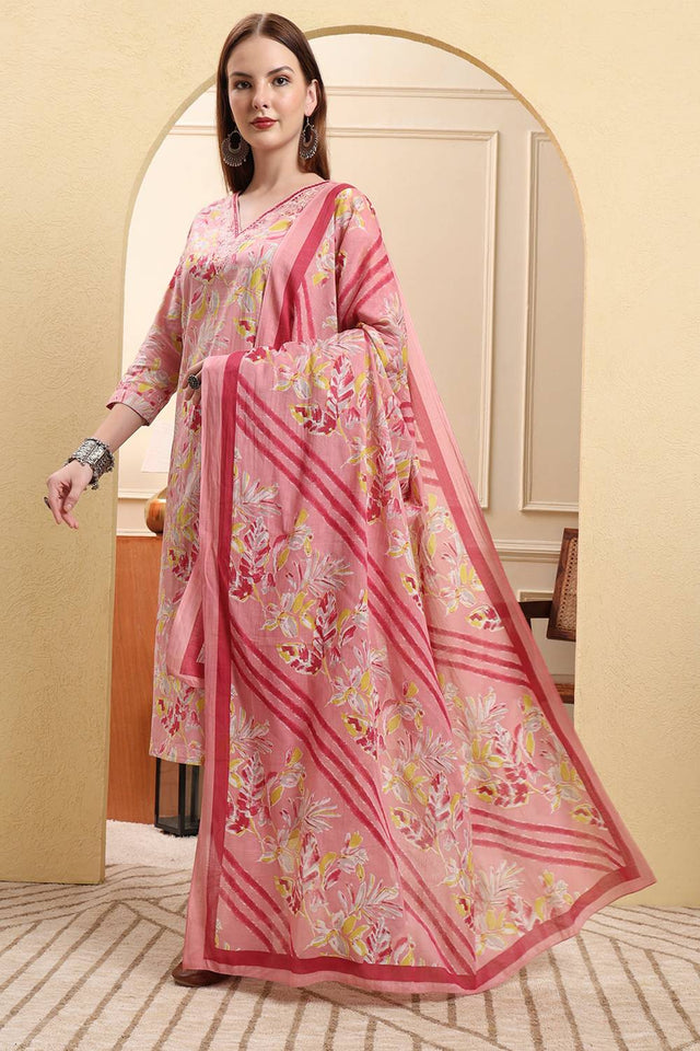 Pink Floral Printed Cotton Straight Cut Suit Set