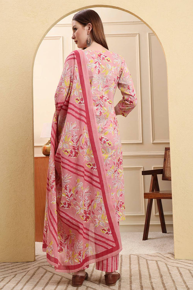Pink Floral Printed Cotton Straight Cut Suit Set