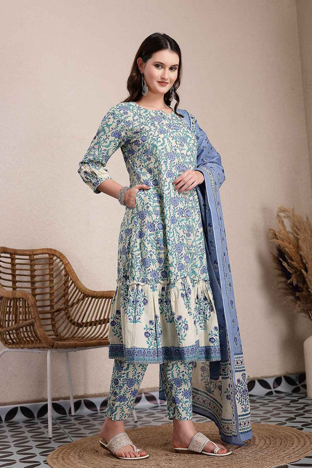 Blue Floral Printed Cotton Kurti Pant Set