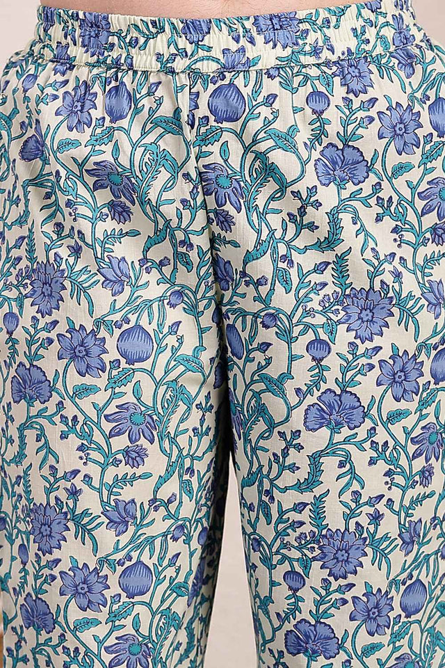 Blue Floral Printed Cotton Kurti Pant Set