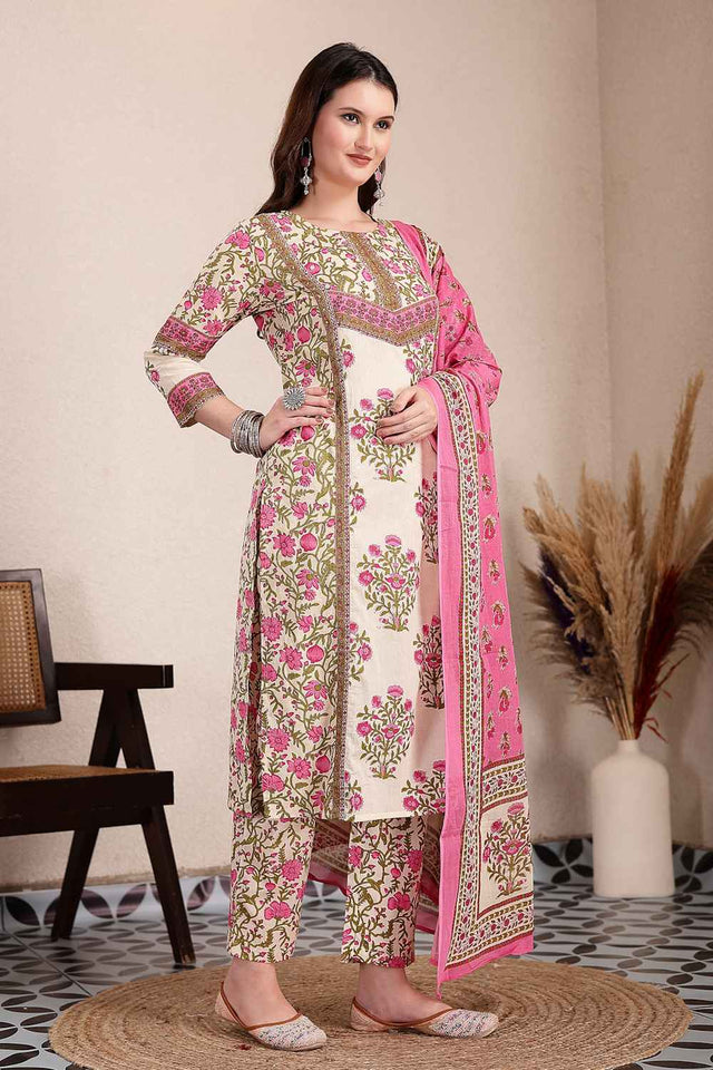 Pink and Beige Floral Printed Cotton Kurti Pant Set