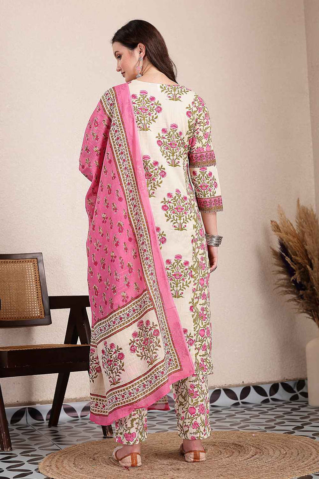 Pink and Beige Floral Printed Cotton Kurti Pant Set