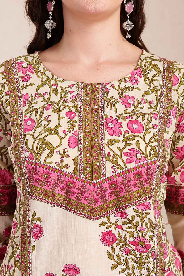 Pink and Beige Floral Printed Cotton Kurti Pant Set