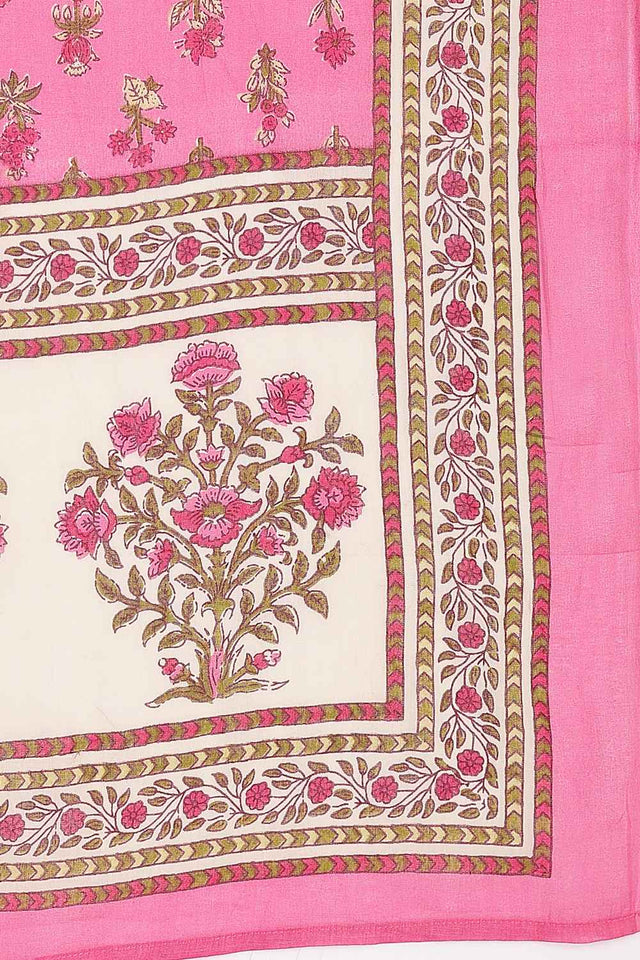 Pink and Beige Floral Printed Cotton Kurti Pant Set