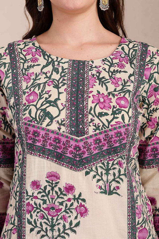 Purple and Beige Floral Printed Cotton Kurti Pant Set