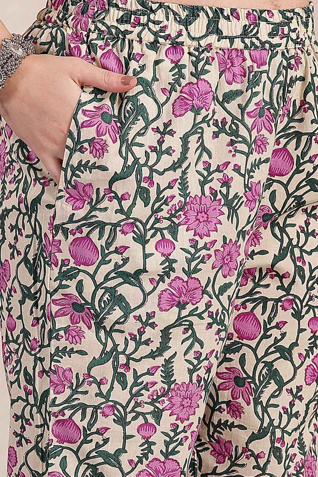 Purple and Beige Floral Printed Cotton Kurti Pant Set