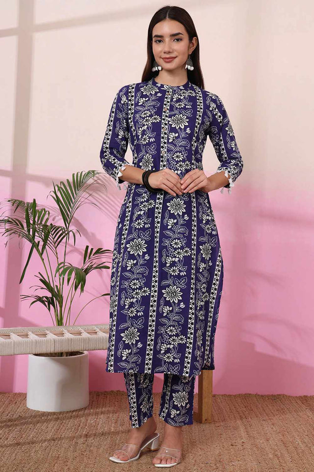 Blue Floral Print Cotton Kurti Pant Set