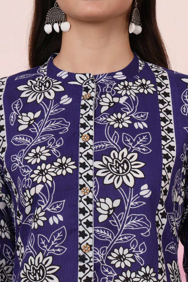 Blue Floral Print Cotton Kurti Pant Set
