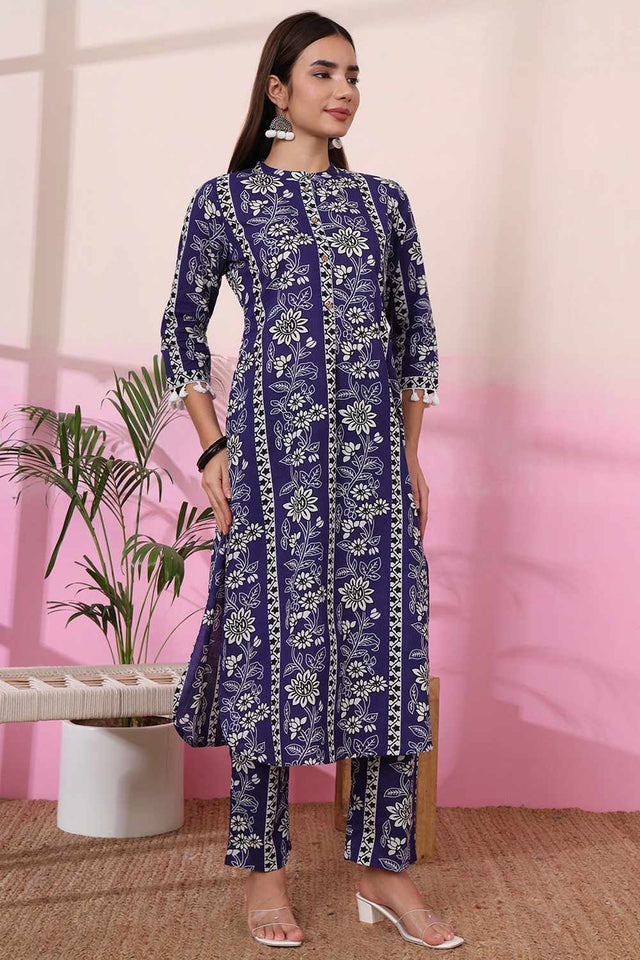 Blue Floral Print Cotton Kurti Pant Set