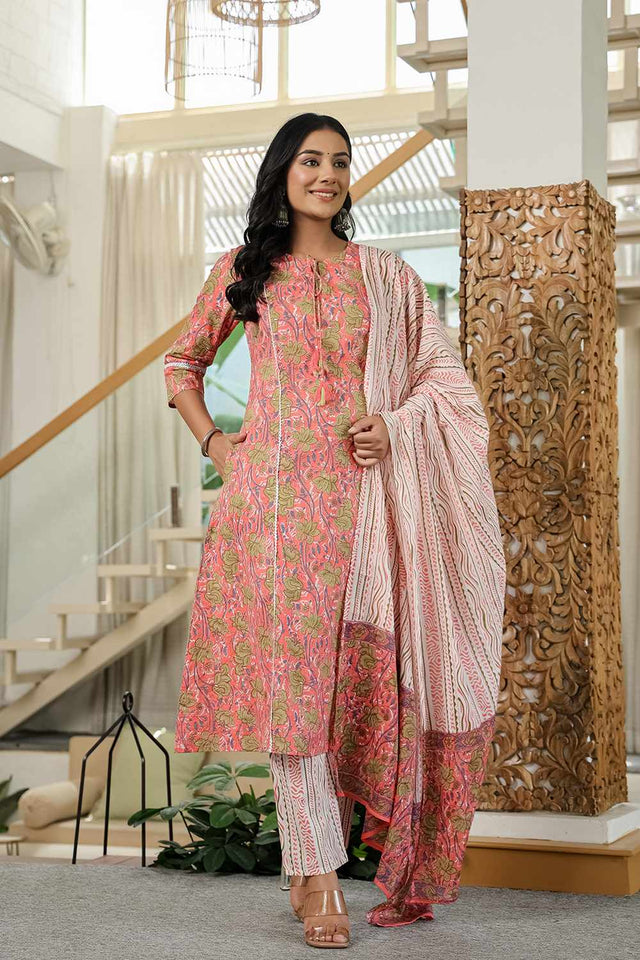 Pink Floral Print Cotton Kurti Pant Set