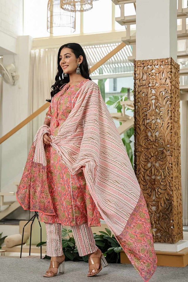 Pink Floral Print Cotton Kurti Pant Set