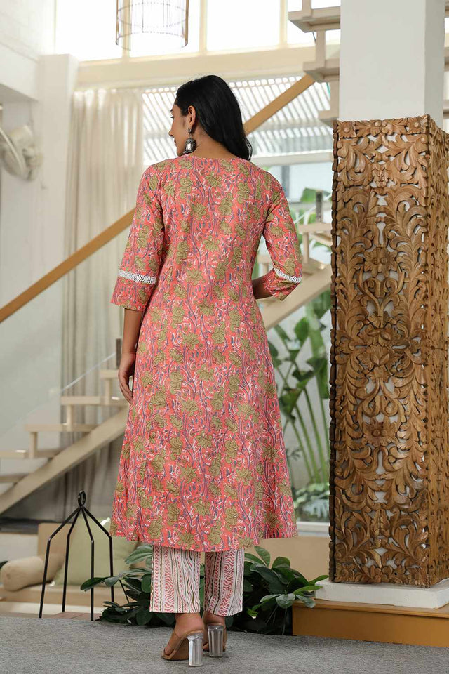 Pink Floral Print Cotton Kurti Pant Set