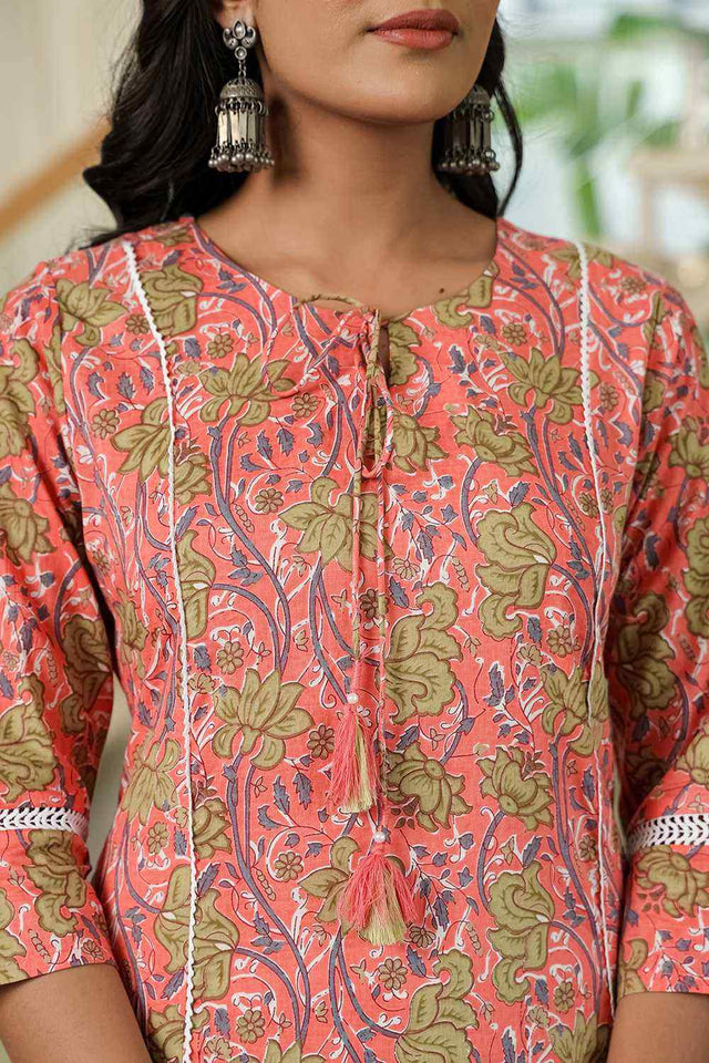 Pink Floral Print Cotton Kurti Pant Set