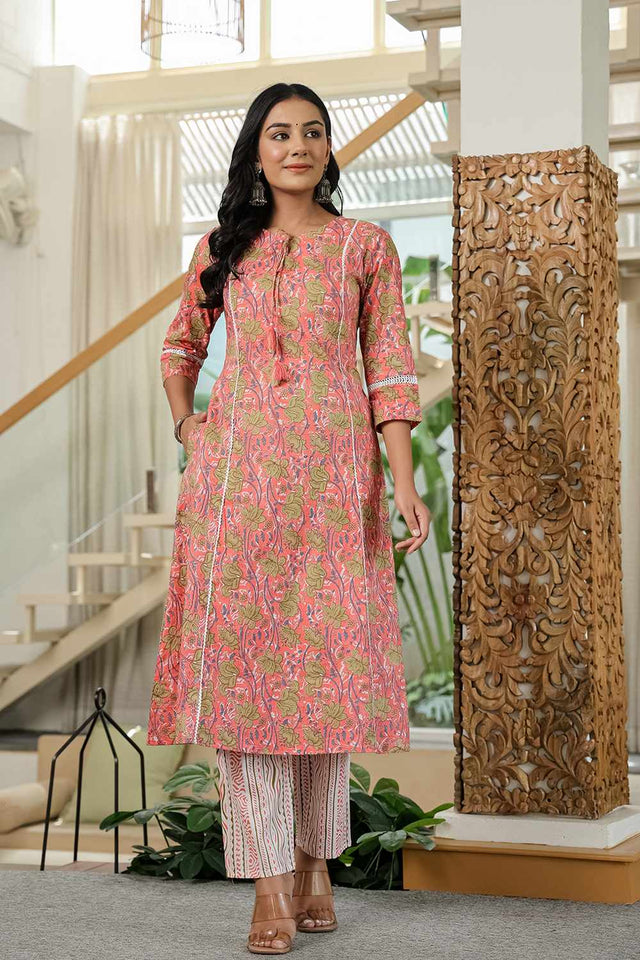 Pink Floral Print Cotton Kurti Pant Set