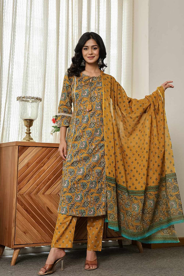 Mustard Floral Print Cotton Kurti Pant Set