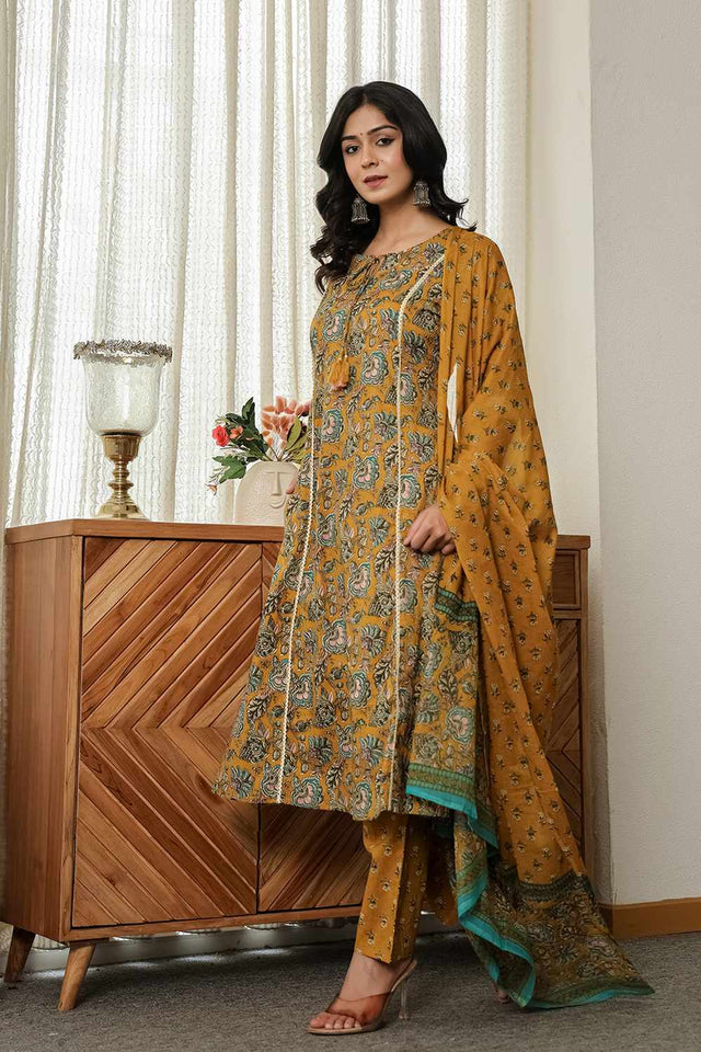 Mustard Floral Print Cotton Kurti Pant Set