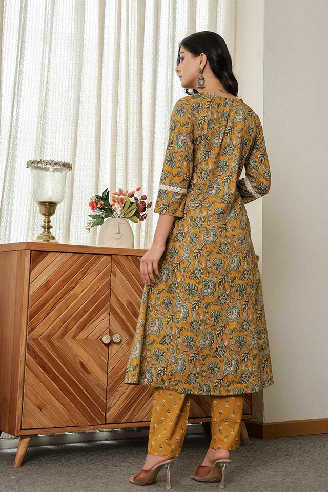 Mustard Floral Print Cotton Kurti Pant Set