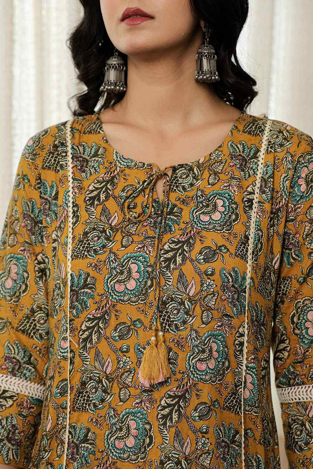 Mustard Floral Print Cotton Kurti Pant Set