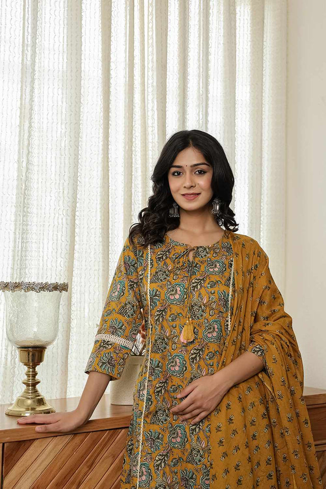 Mustard Floral Print Cotton Kurti Pant Set